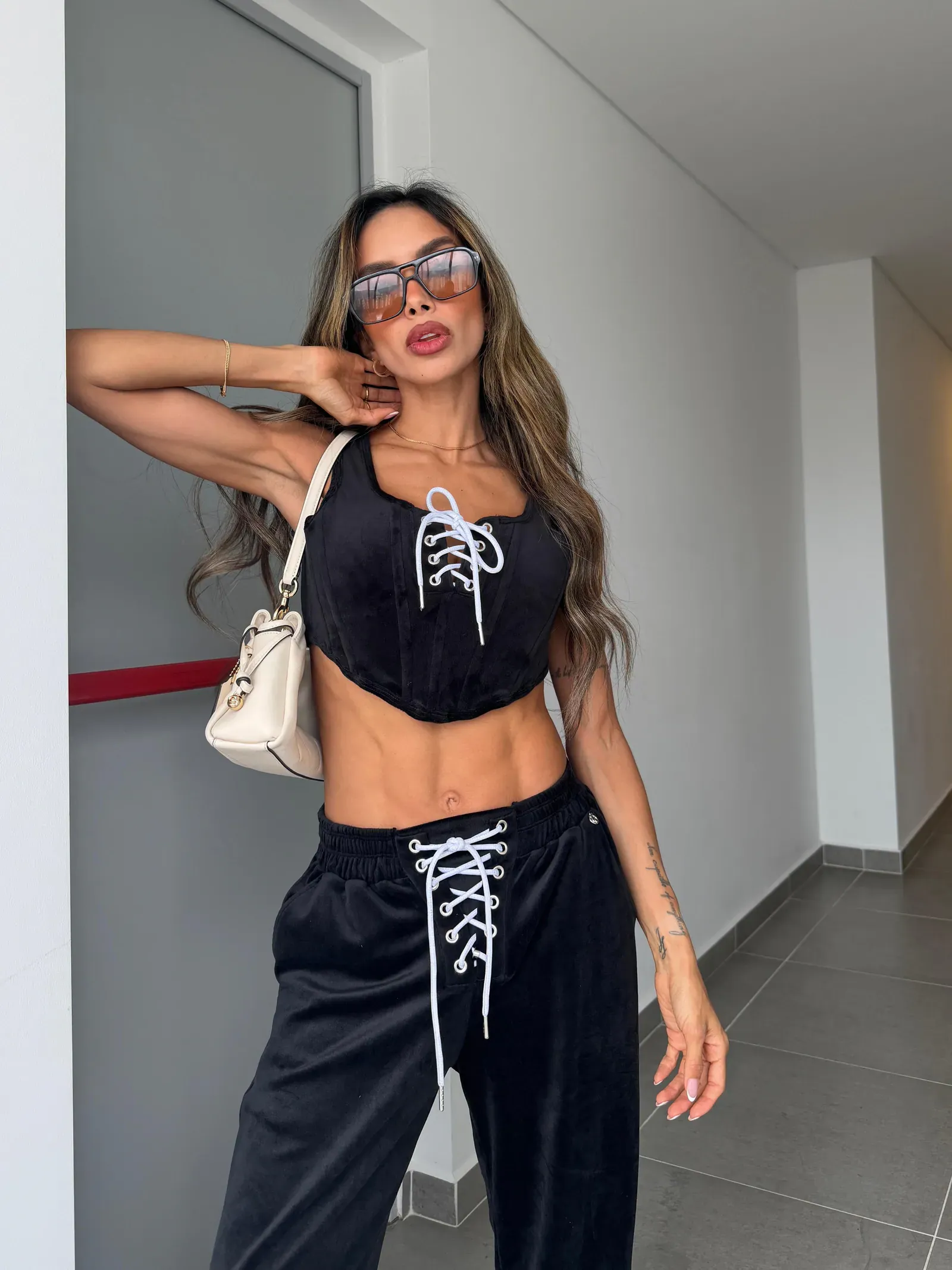 Set Palazzo Velvetin Corset Lace Up Premium