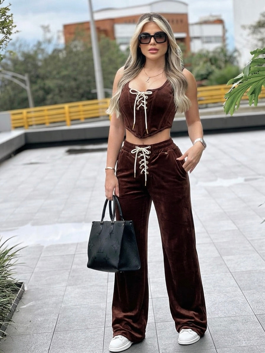Set Palazzo Velvetin Corset Lace Up Premium